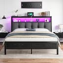 Queen Bed Frame with LED Lights Grey Upholstered Headboard with Charging Station, Type C& 2-Tier Storage Shelves,Metal Platform Bed with 12" Under-...