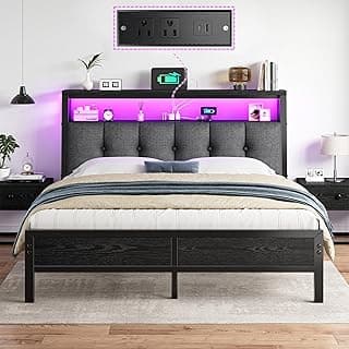 Queen Bed Frame with LED Lights Grey Upholstered Headboard with Charging Station, Type C& 2-Tier Storage Shelves,Metal Platform Bed with 12" Under-...