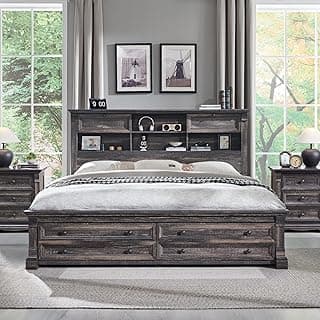 Farmhouse Queen Size Bed Frame with 54" Tall Headboard, Headboard with 4 Storage Rack, 2 Drawers, 18" Roman Column Decoration Footboard, Wood Platf...